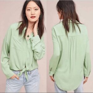 Maeve by Anthropologie Tie Front Shirt Women's Medium Green Button Down‎ Blouse